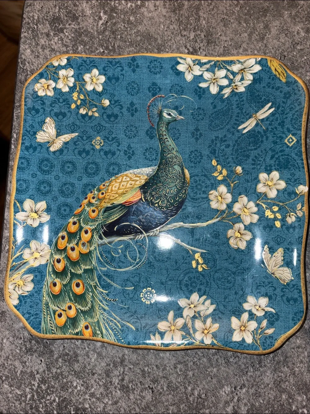 Certified International Exotic Garden Peacock Square Salad Plate 2 Plate Set EUC